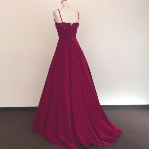 カラードレス　ワインレッド　赤　小花　刺繍　ベルベット