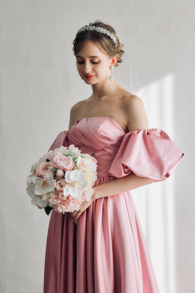 カラードレス ピンクサテン パフスリーブ取り外し可 安い